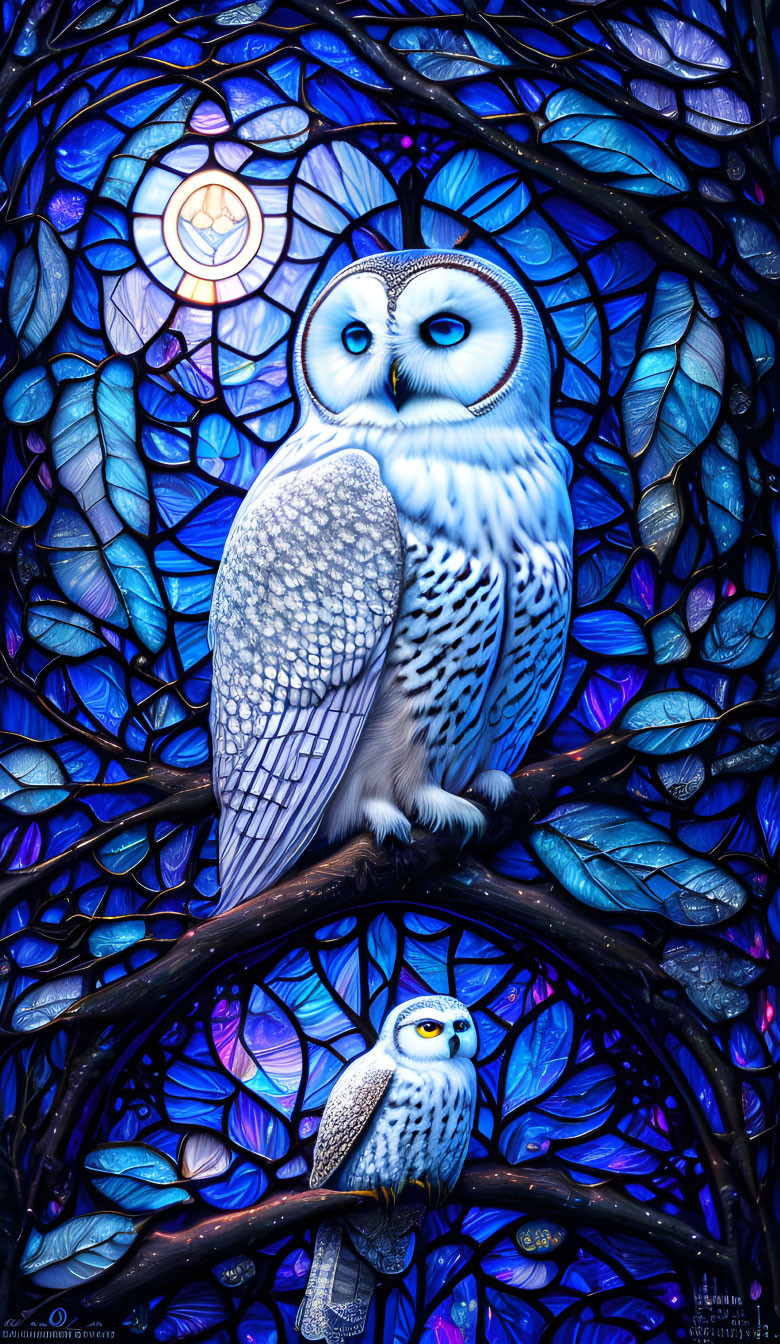 Vibrant digital artwork: Two owls on branches against stained glass backdrop