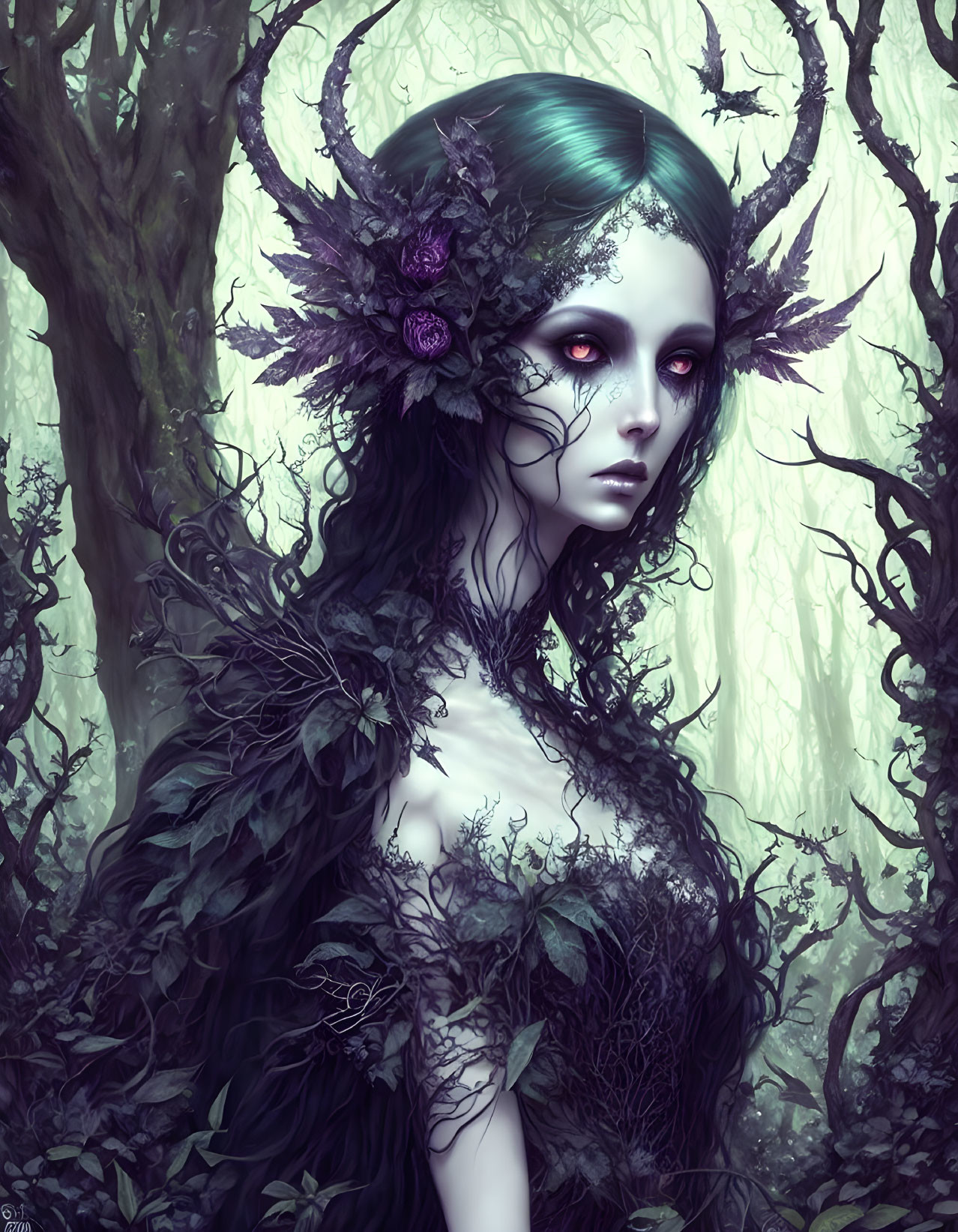 Fantastical female figure with ethereal headdress in intricate forest setting