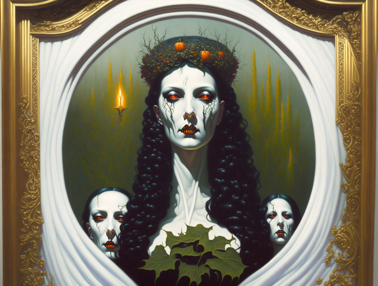 Surreal portrait of figure with skull-like face makeup and fruit crown in golden frame