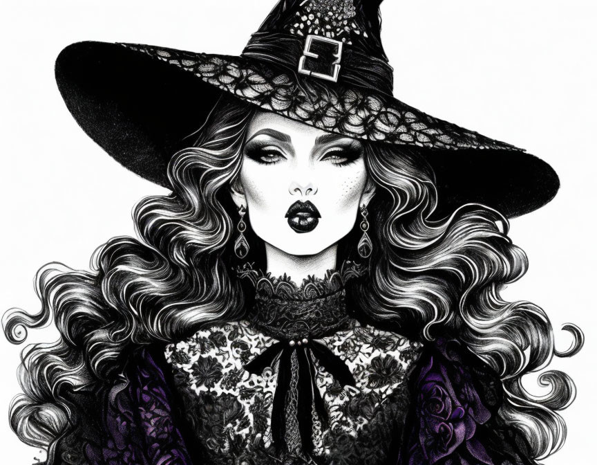 Monochrome illustration: Woman with curly hair, lace witch hat, ornate attire, dramatic makeup