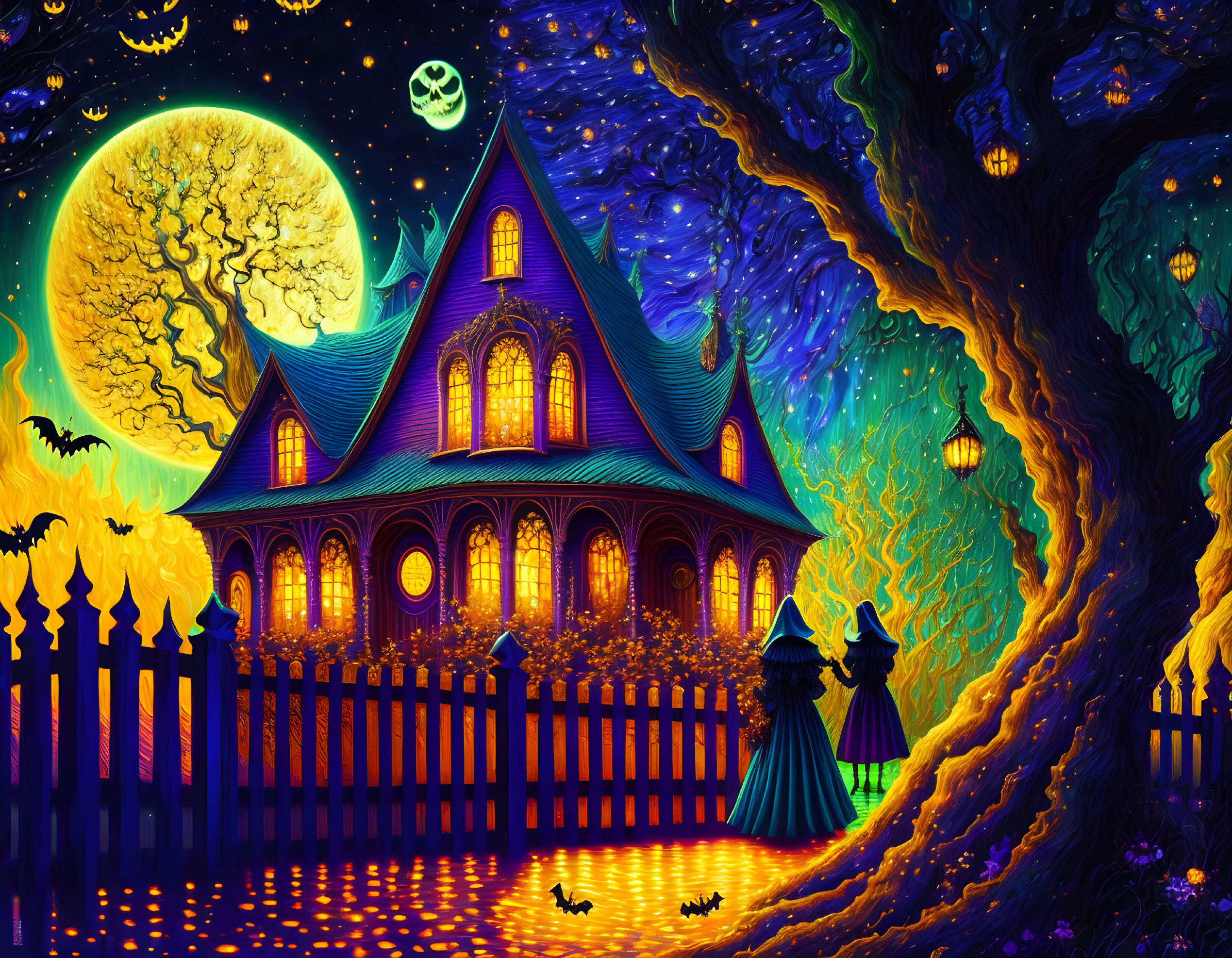 Whimsical haunted house with witches, moon, bats, and magical sky