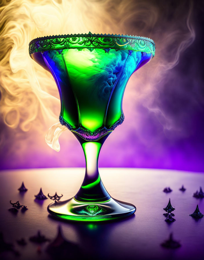 Vibrant green and blue cocktail with smoke in ornate glass on purple background