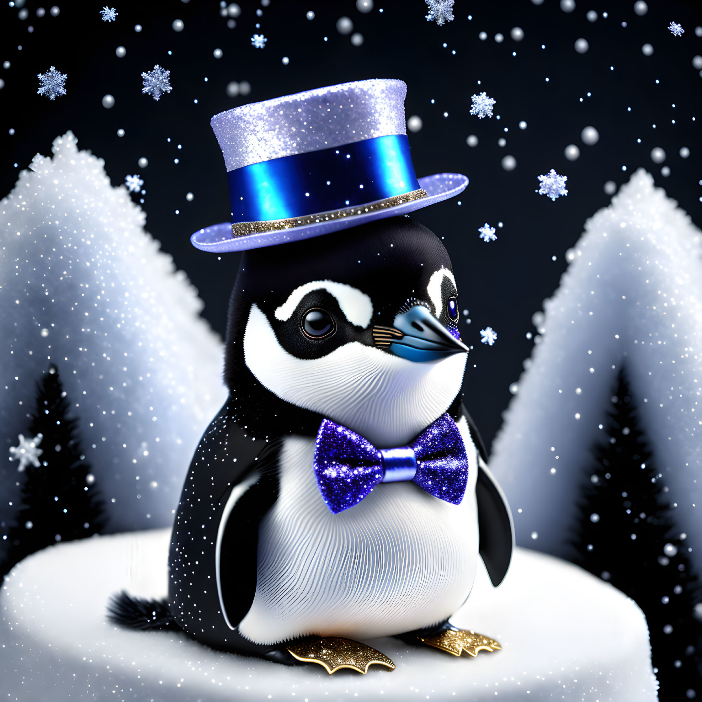 Illustration of penguin in top hat and bow tie in snowy setting