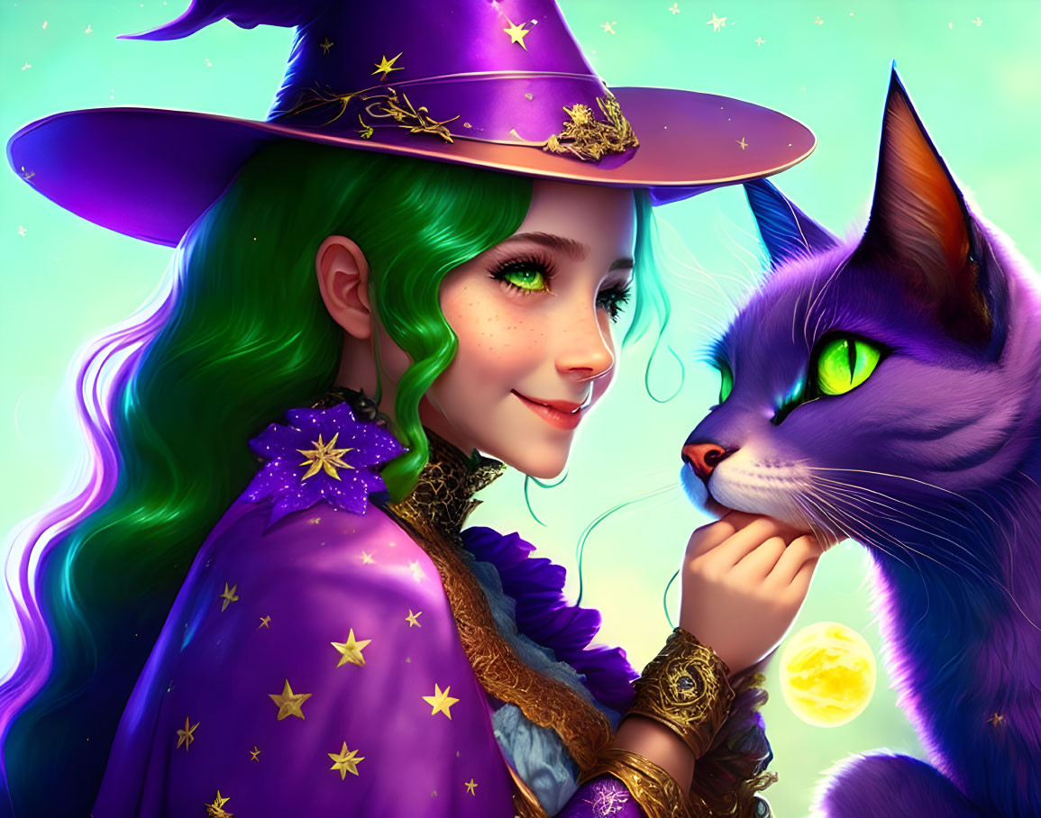 Colorful illustration of smiling young witch with green hair and purple hat, gazing at mystical purple cat