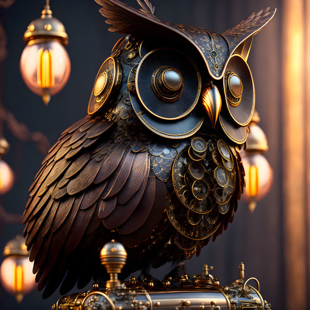 Steampunk owl sculpture with metallic feathers and gears by suspended lanterns