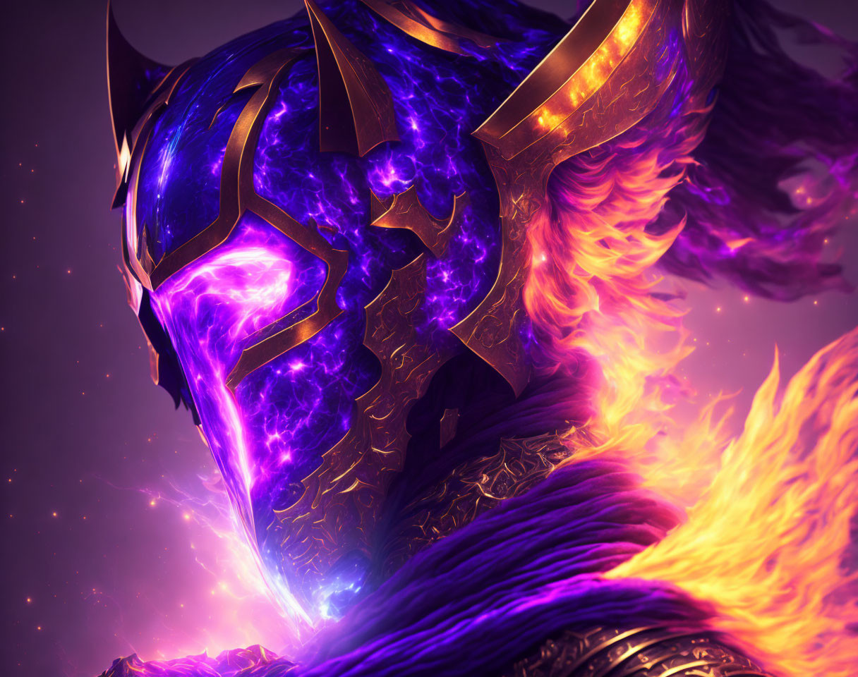 Fantasy knight illustration with purple and gold helmet and fiery accents