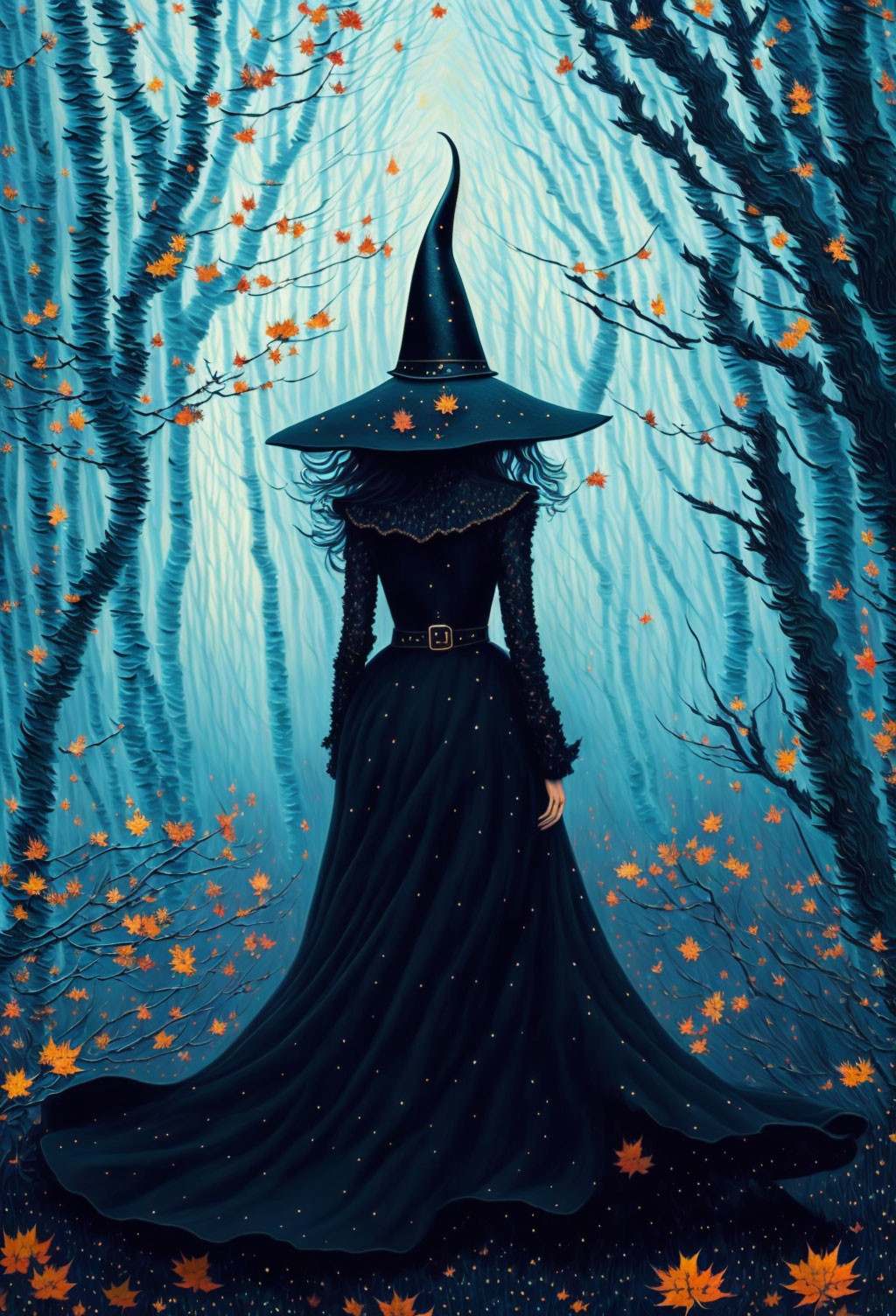 Witch in starry black dress and hat in mystical forest