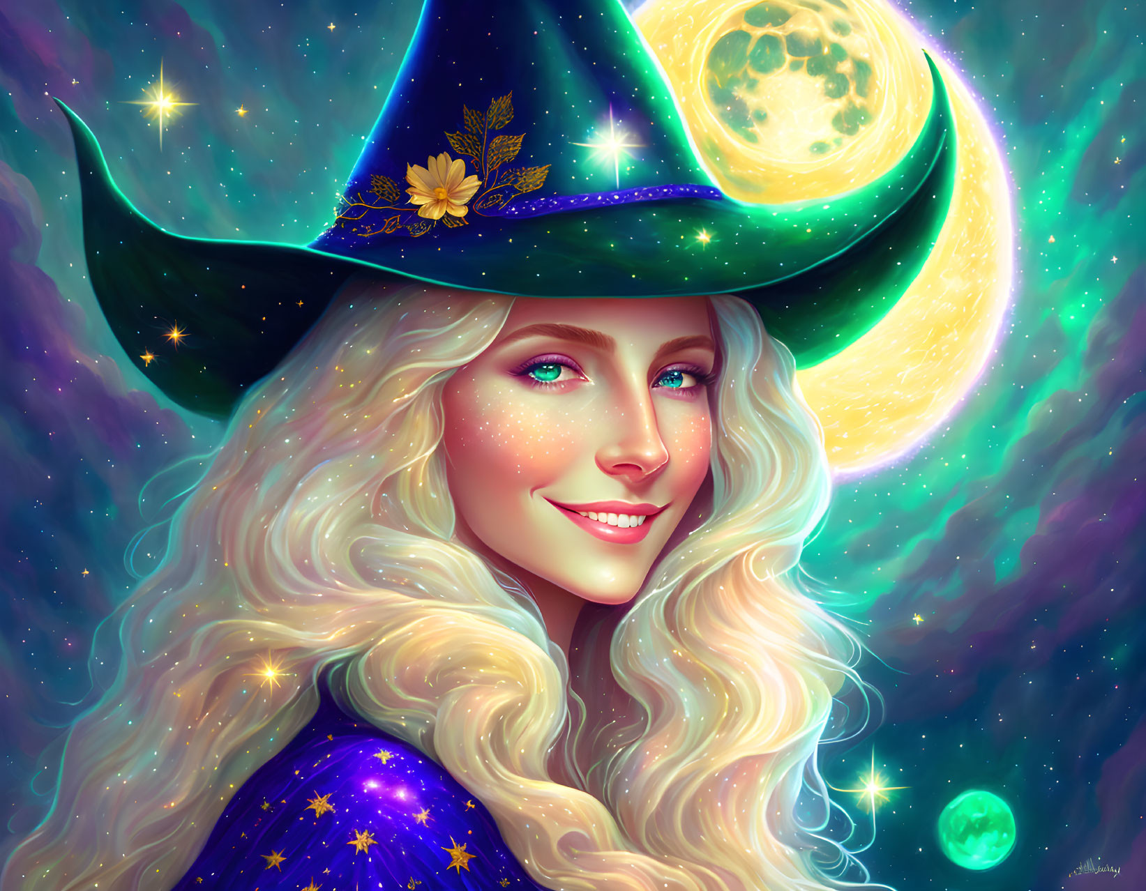 Blonde woman in blue starry attire under moon and stars