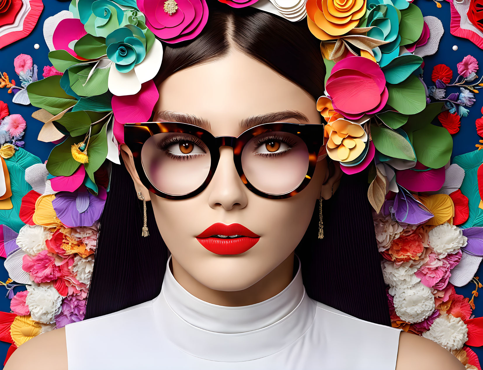 Colorful Digital Illustration: Woman with Red Lipstick and Glasses Among Paper Flowers