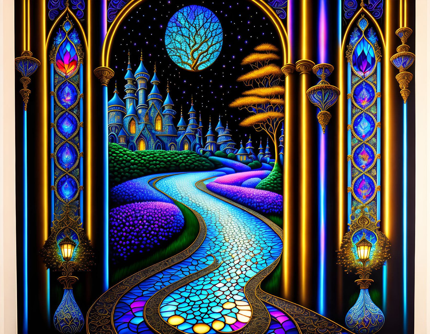 Fantasy landscape with glowing tree, castles, and starry sky