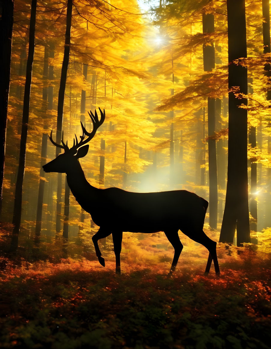 Deer silhouette in sunlit autumn forest