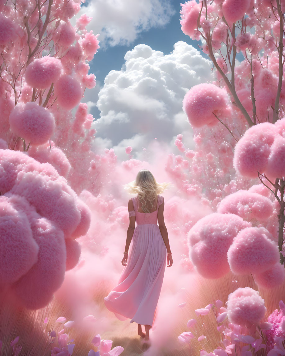 Woman in white dress walking towards pink clouds and dreamy pink foliage.