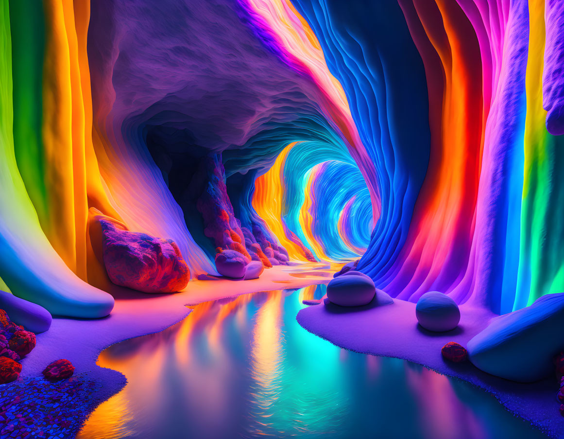 Multicolored Cave with Wave-like Walls and Water Reflections