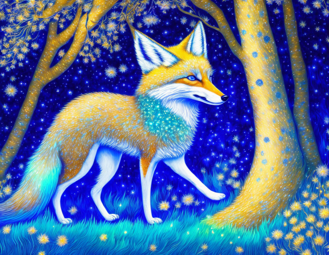 Colorful Fox Illustration on Starry Night Background with Glowing Tree