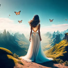 Woman in white dress on cliff with butterflies and sunset over mountains