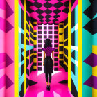 Colorful Psychedelic Corridor with Geometric Patterns and Bright Grid