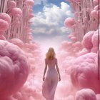 Woman in white dress walking towards pink clouds and dreamy pink foliage.