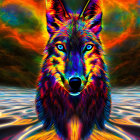 Colorful Wolf Artwork with Psychedelic Background