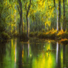 Verdant forest with sunlight, ducks, and vibrant flora