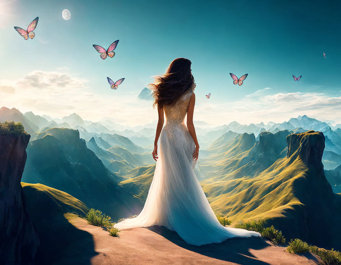 Woman in white dress on cliff with butterflies and sunset over mountains