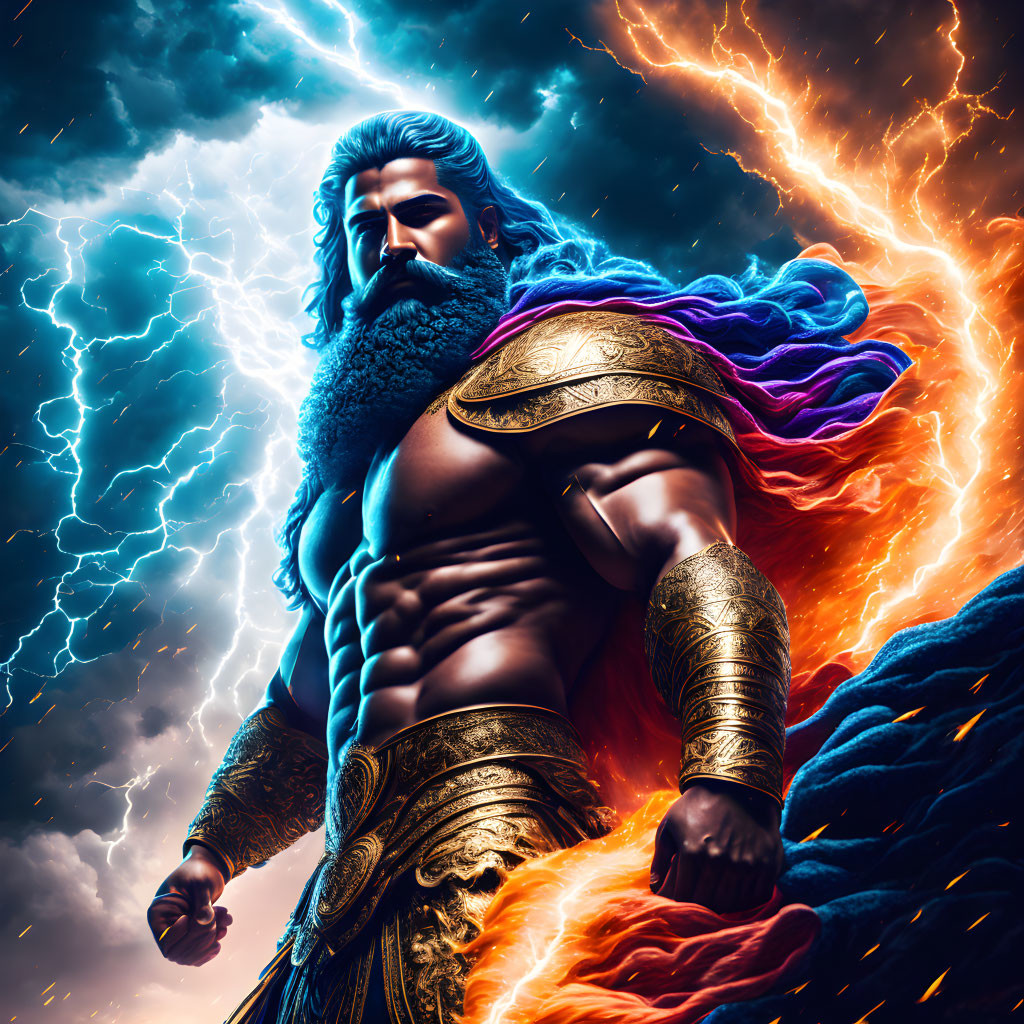 Muscular, bearded figure in flowing cloak under dramatic lightning-filled sky