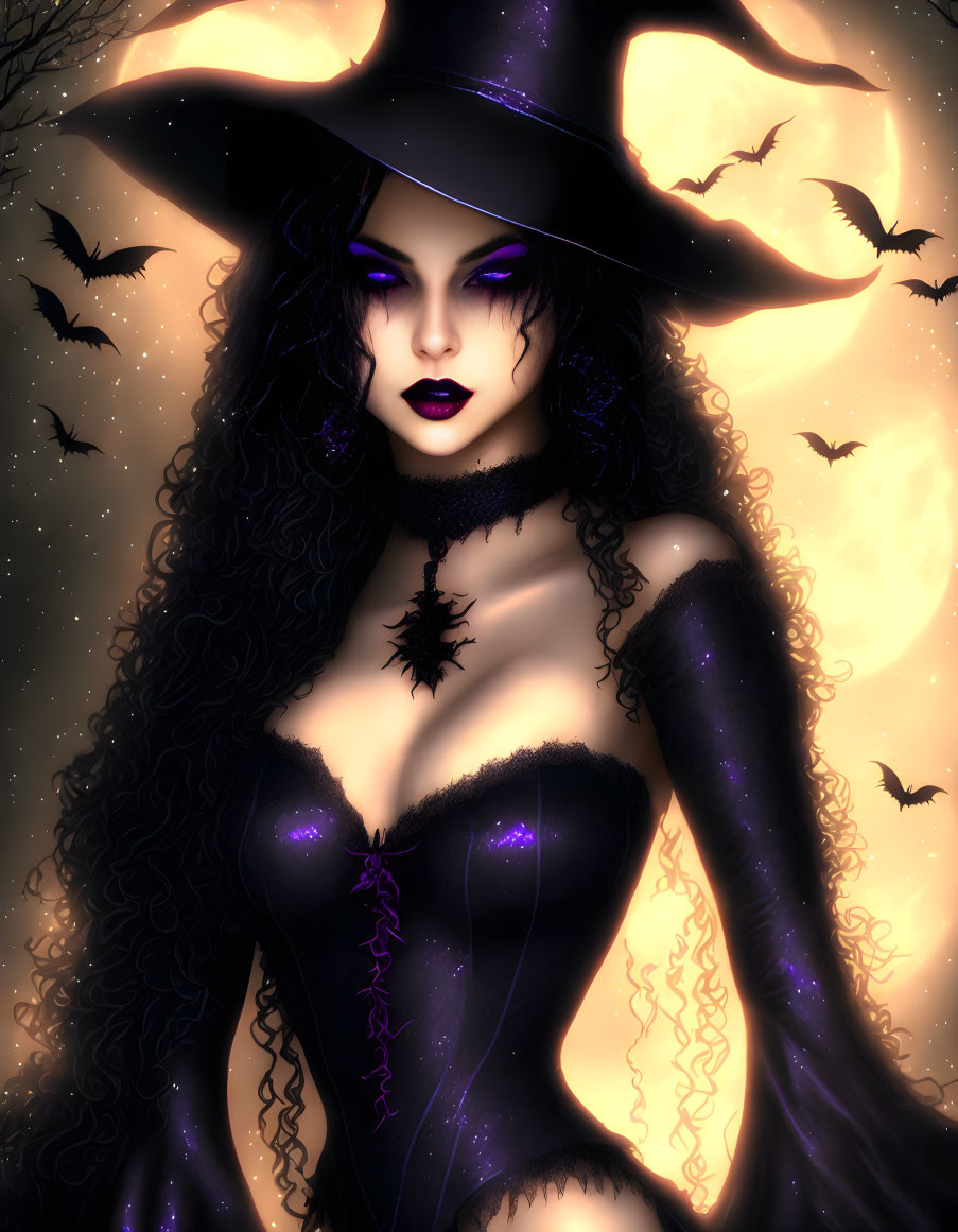 Illustration of pale-skinned woman in witch attire with purple eyes, bats, moonlit sky