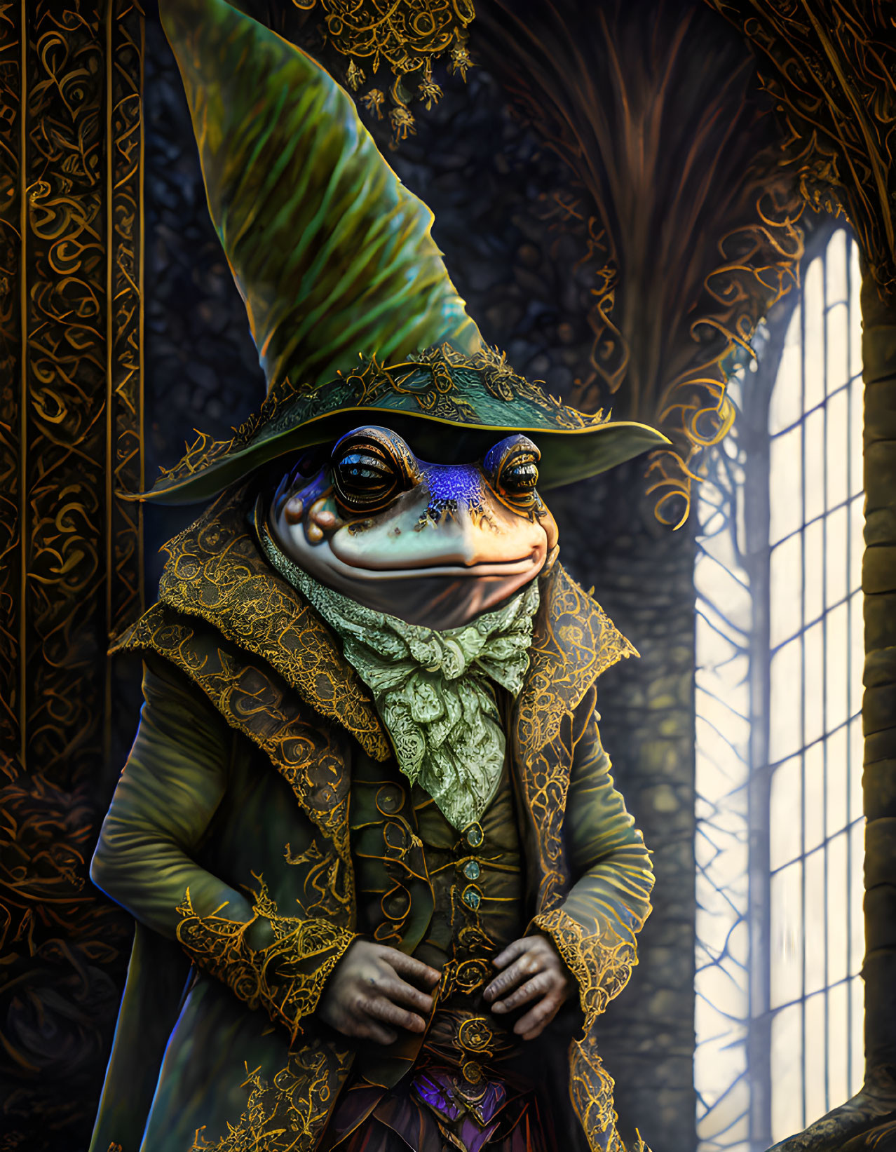 Anthropomorphic frog in gold-trimmed green coat in gothic chamber