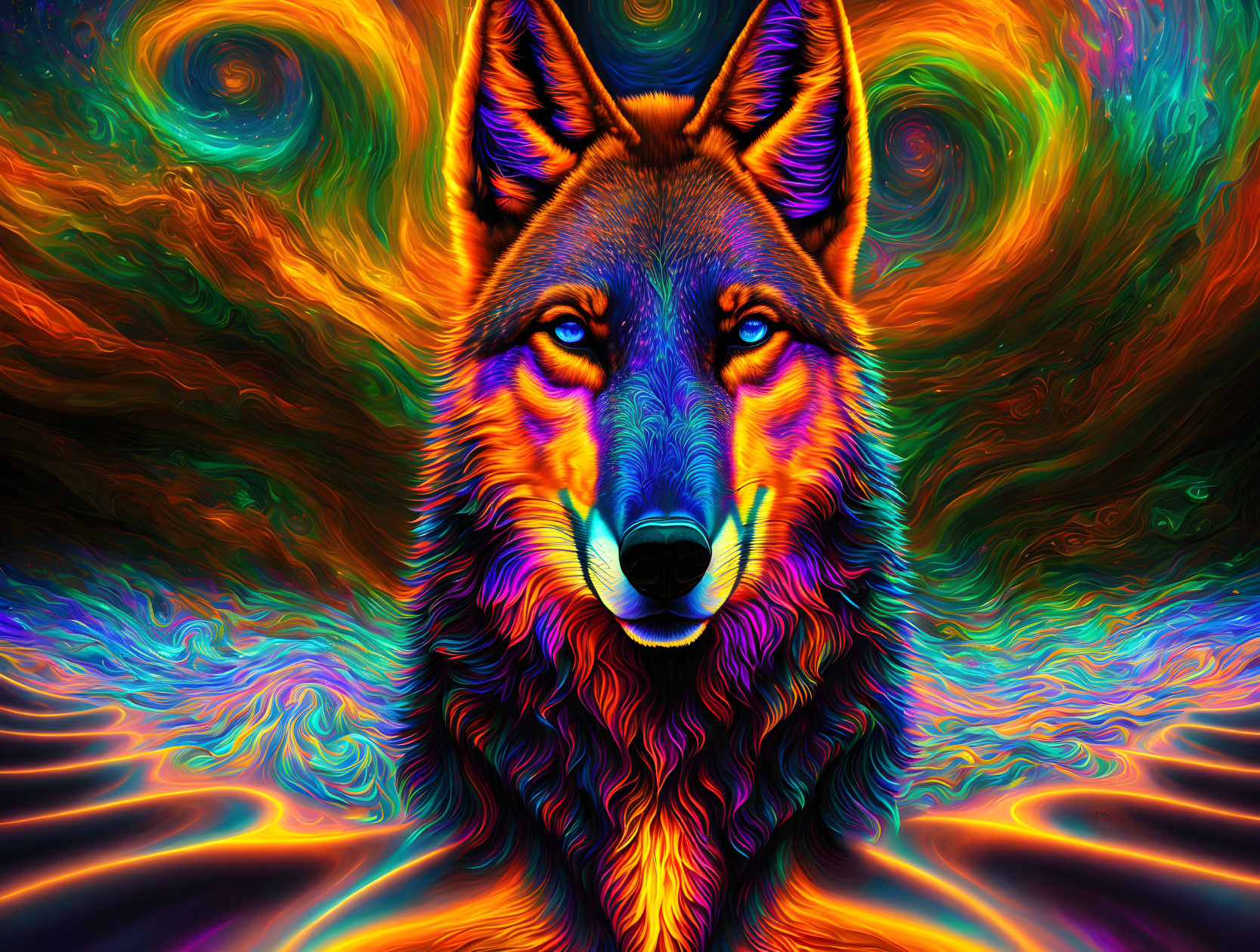 Colorful Wolf Artwork with Psychedelic Background