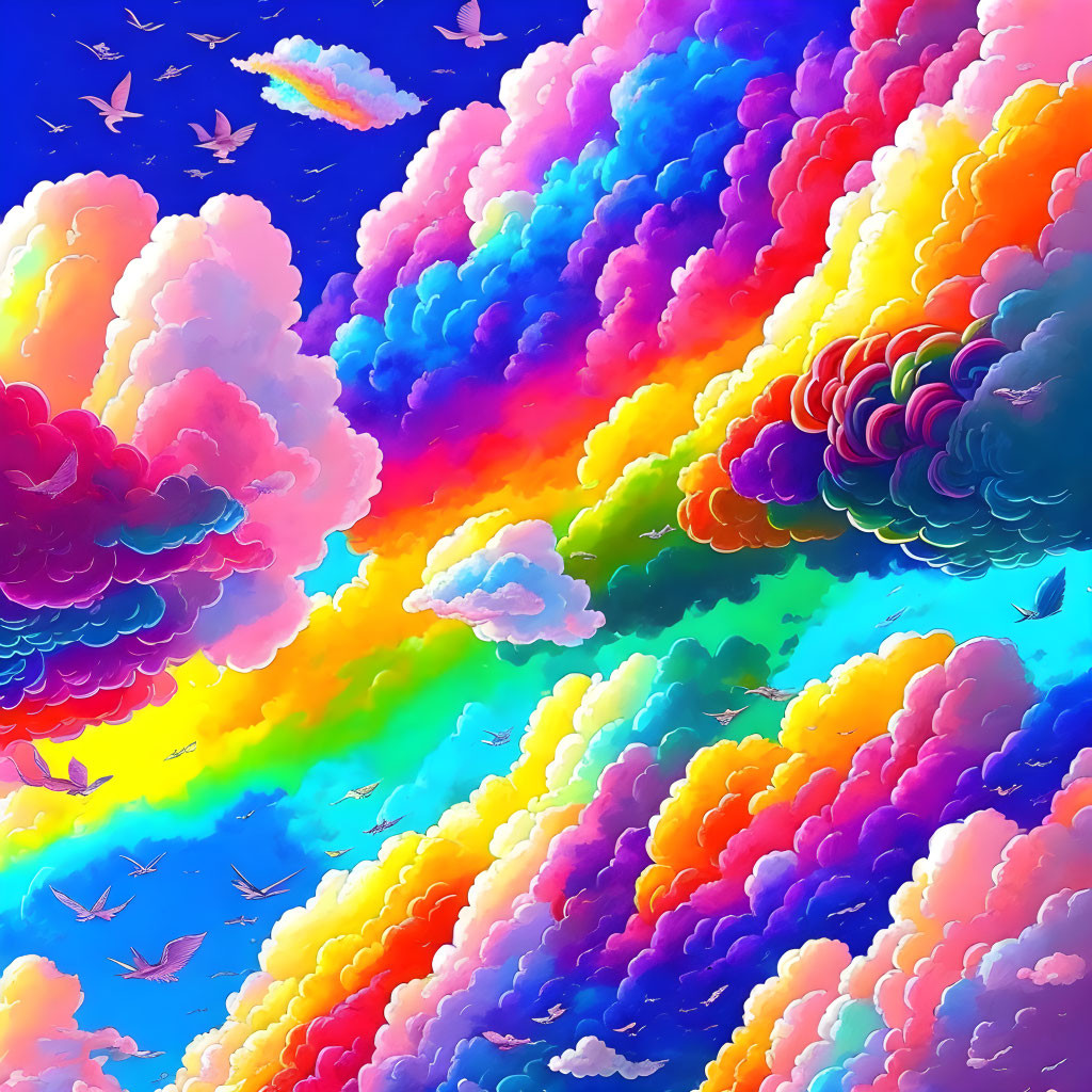 Colorful Clouds in Blue, Purple, Pink, and Orange with Birds in Rainbow Sky