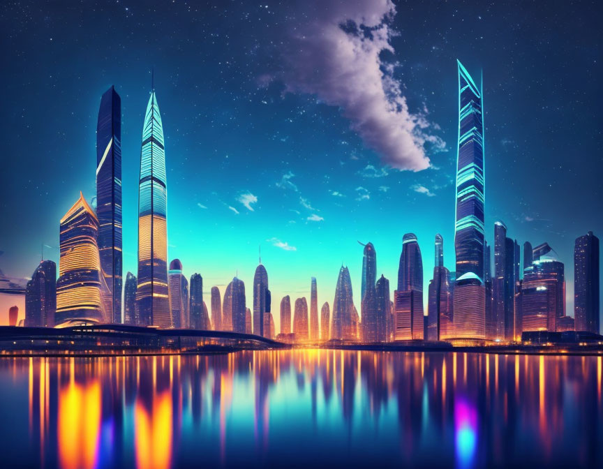 Futuristic city skyline at twilight with illuminated skyscrapers and colorful sky