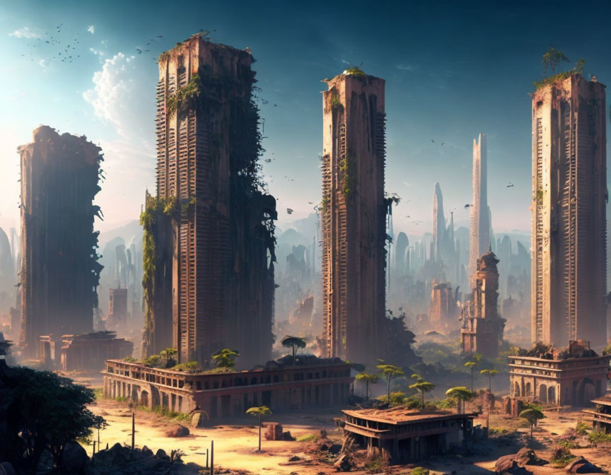 Overgrown skyscrapers in futuristic post-apocalyptic city