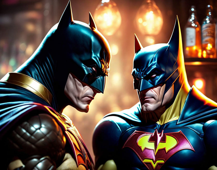 Two individuals in Batman costumes - one in black, the other in blue and yellow - looking focused.