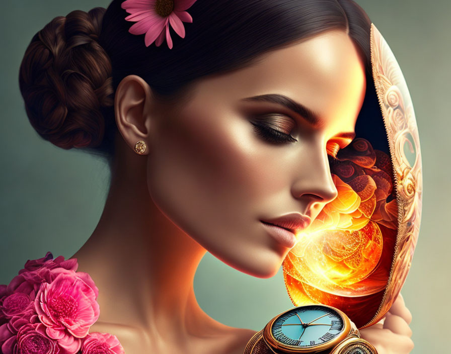 Digital Artwork: Woman with Mirror Reflecting Ornate Designs and Pocket Watch