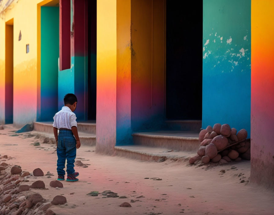 Vibrant colorful pillars with young child at sunset