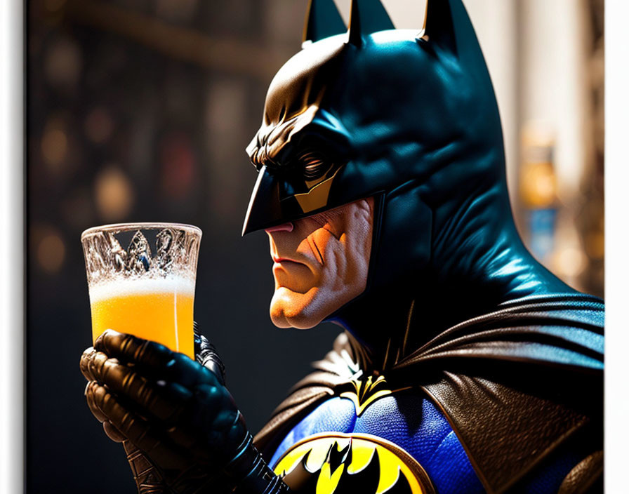 Person in Batman costume with orange drink in bar setting