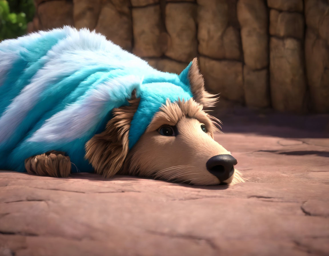 3D-animated sad dog in blue furry costume lying down