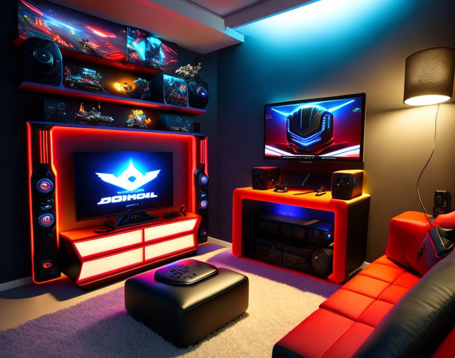 Modern gaming room with neon lights, dual monitors, custom PC, red chairs, speakers, movie posters