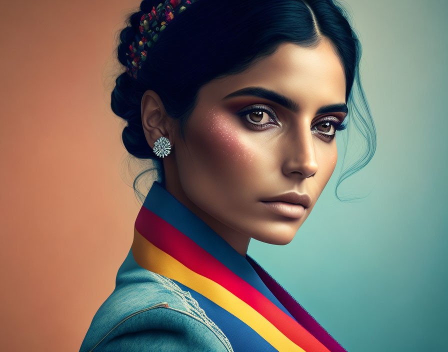 Portrait of Woman with Striking Eyes in Makeup, Scarf, and Denim Jacket