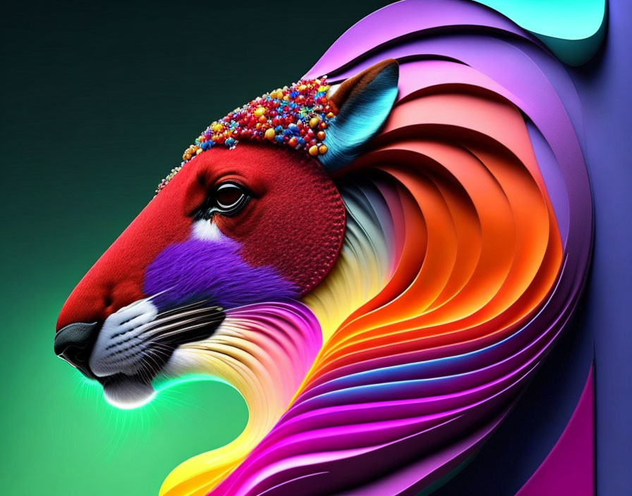 Vibrant stylized lion with flowing mane in colorful digital art