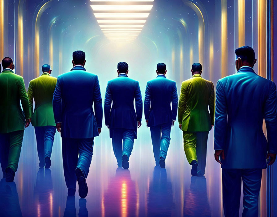 Five Men in Colorful Suits Walking Towards Bright Light in Futuristic Corridor