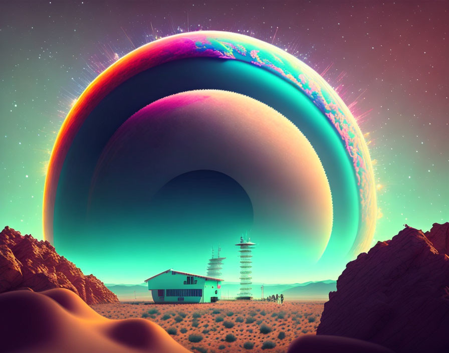 Surreal landscape with iridescent bubble above desert house and tower