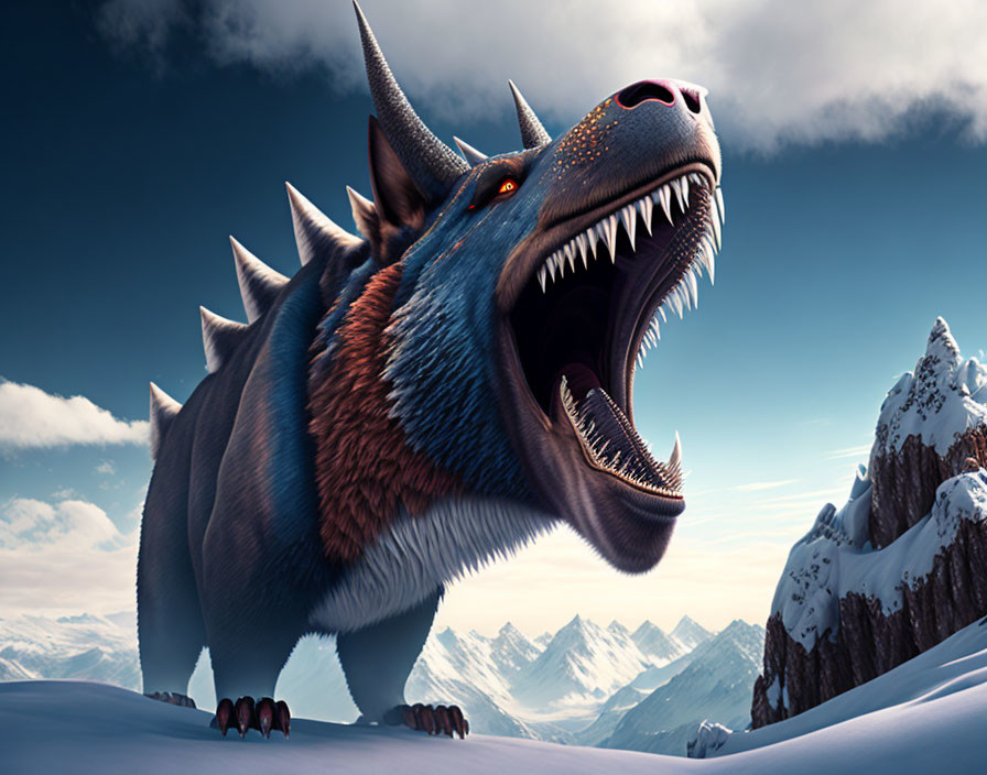 Blue Dragon Roaring in Snowy Mountain Peaks