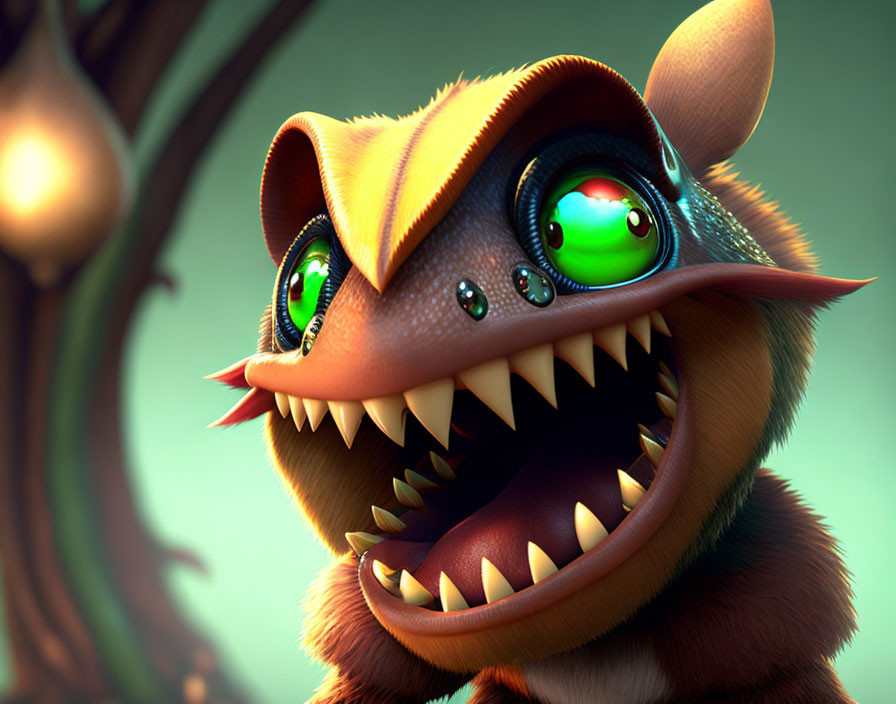 Mischievous Creature 3D Animation with Sharp Teeth and Green Eyes