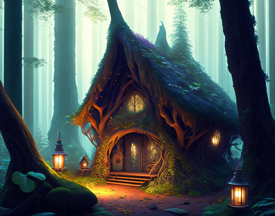 Whimsical treehouse in enchanted forest with lanterns