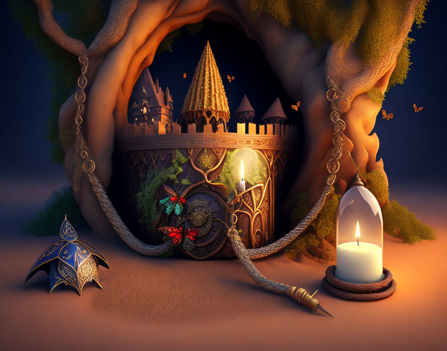 Enchanting tree with castle trunk, shield, sword, lantern at twilight