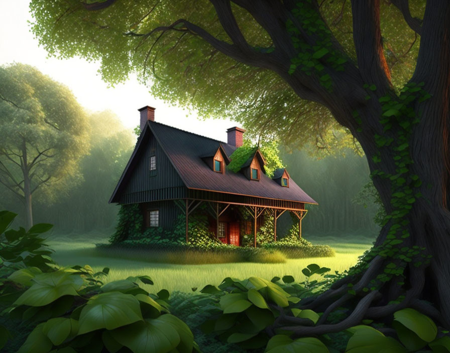 Serene forest clearing with quaint cottage in warm sunlight