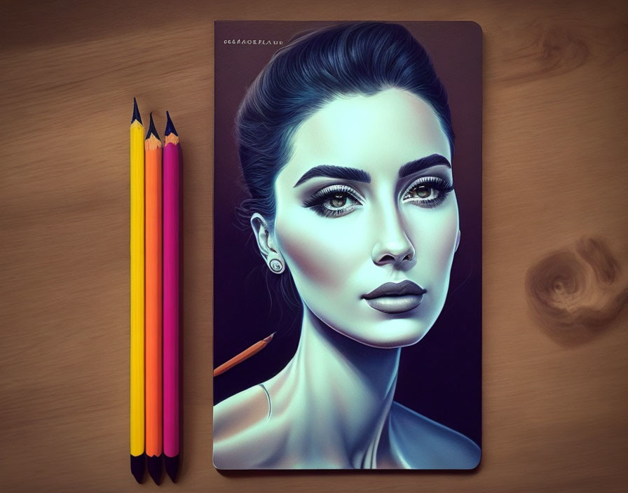 Realistic digital portrait of woman with colored pencils