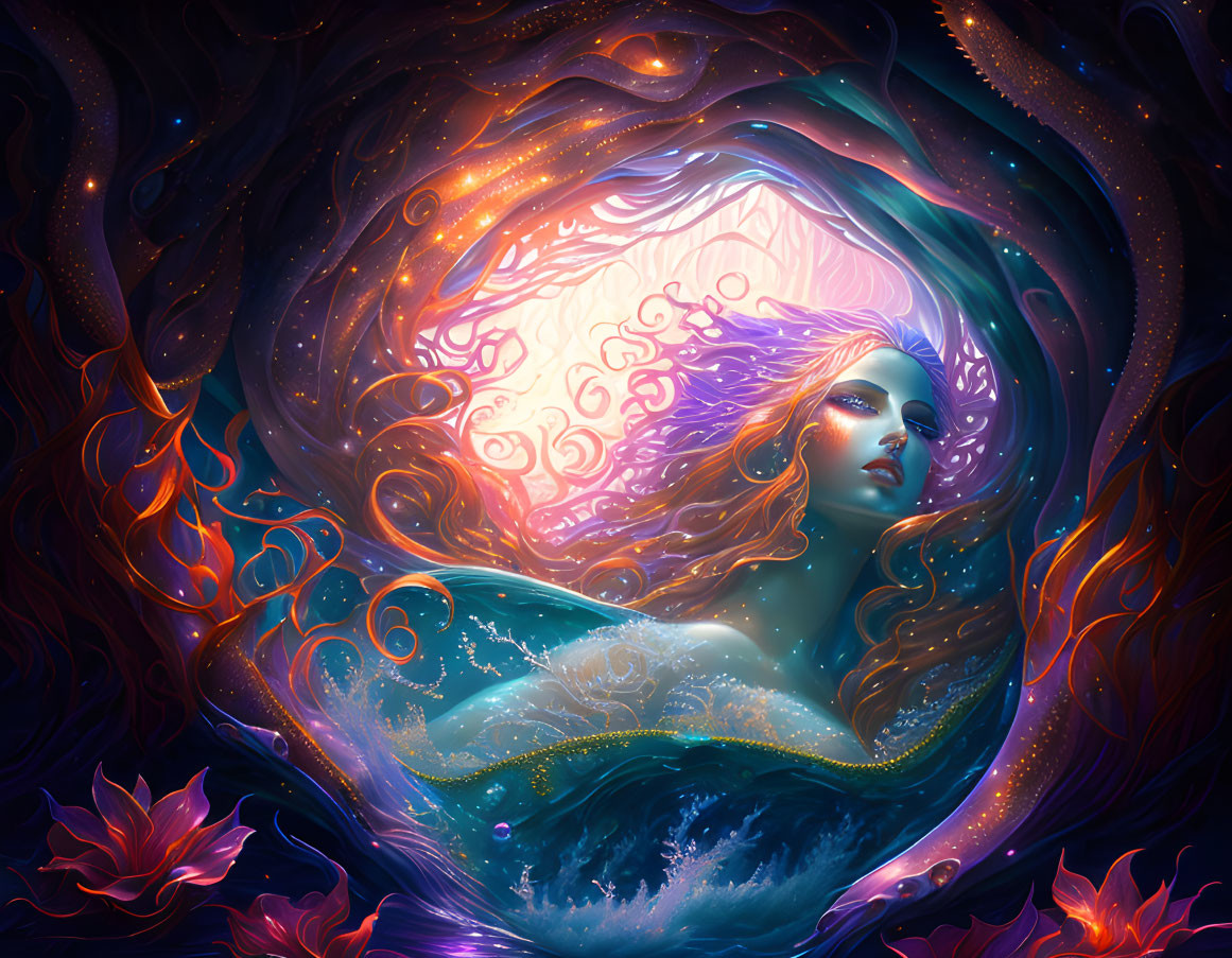 Surreal illustration of woman in celestial ocean waves & fiery hair against dark backdrop