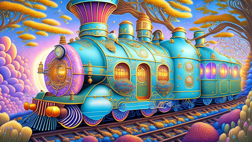 Fantastical, Vibrantly Colored Train in Whimsical Landscape