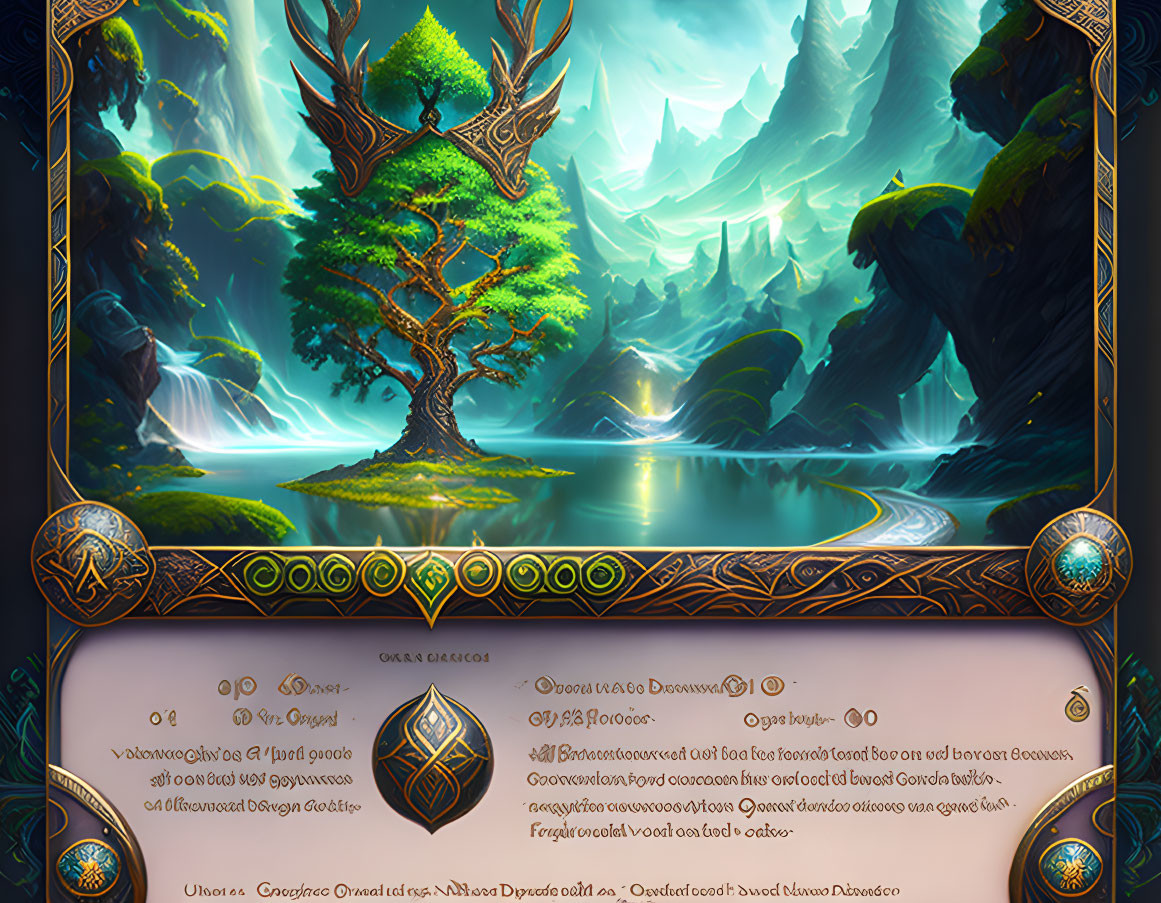 Illustration of ornate golden frame with mystical tree in lush landscape